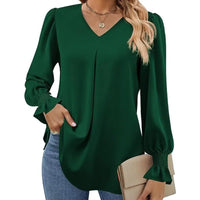 Women's New Solid Color Chiffon Shirt V - neck Pullover Flared Long Sleeved Top Shirt Office Lady Elegant Khaki Loose Blouses - Chic Cart