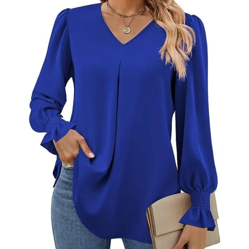 Women's New Solid Color Chiffon Shirt V - neck Pullover Flared Long Sleeved Top Shirt Office Lady Elegant Khaki Loose Blouses - Chic Cart