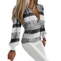 Women's Sexy Off Shoulder Top Autumn Slanted Collar Long Sleeved T Shirt Sequined Solid Color Party Blouse