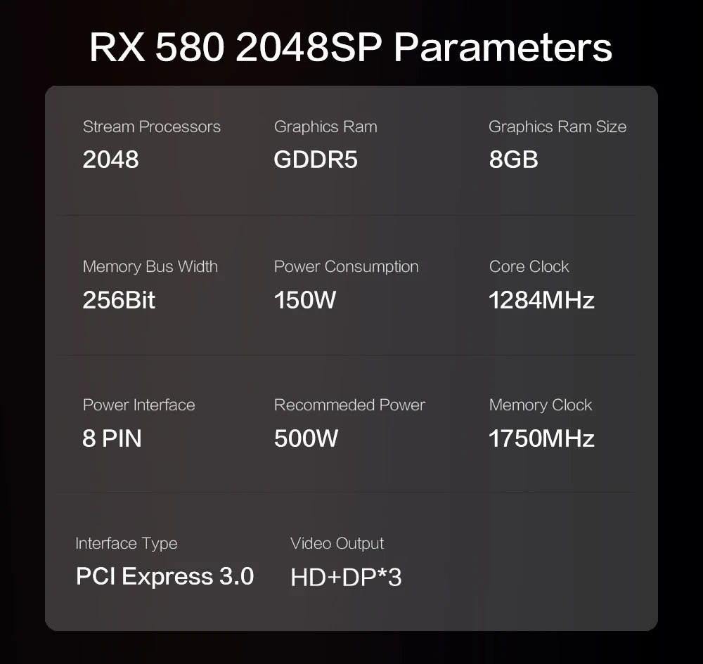 MLLSE AMD RX 580 8GB 2048SP Gaming Graphics Card GDDR5 256Bit PCI - E 3.0 ×16 8Pin Radeon GPU Rx 580 Video Card Placa De Video - Chic Cart