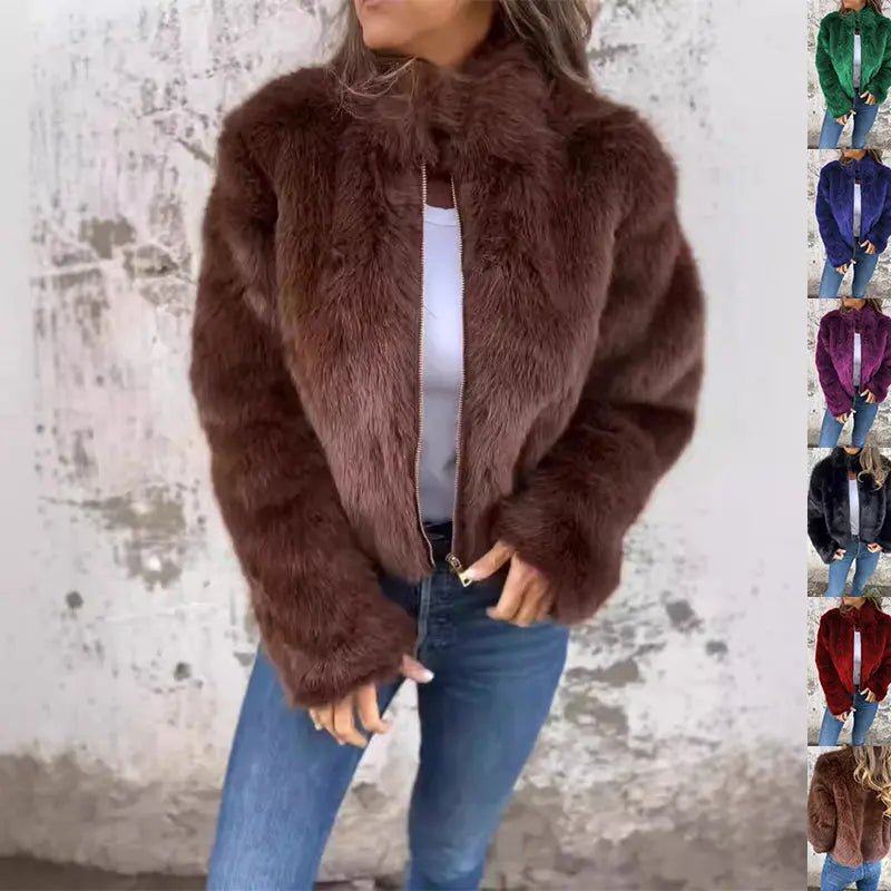 Fashion Stand Collar Plush Jacket Winter Casual Turtleneck Zipper Coat Fleece Tops Women's Clothing - Chic Cart