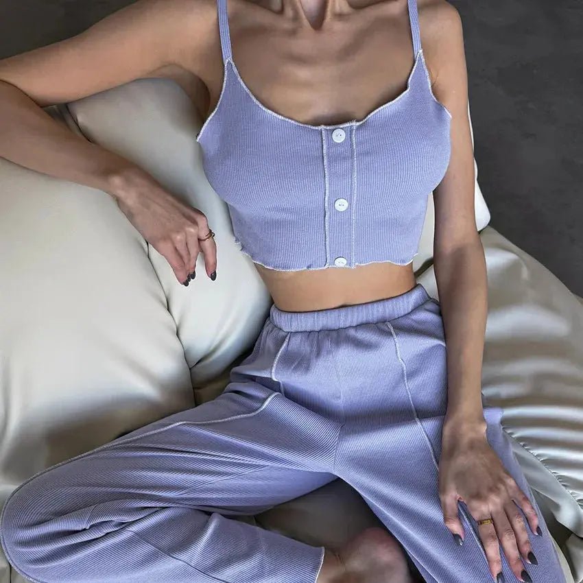 Autumn New Purple Color Pyjama Suspender Trousers 2 Pcs Sets Breathable Casual Home Wear Sleepwear Women's Pajamas Nightwear - Chic Cart