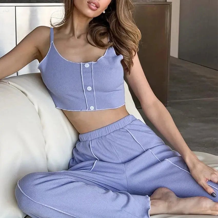 Autumn New Purple Color Pyjama Suspender Trousers 2 Pcs Sets Breathable Casual Home Wear Sleepwear Women's Pajamas Nightwear - Chic Cart