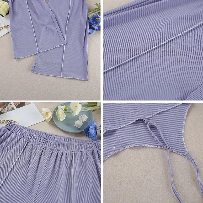 Autumn New Purple Color Pyjama Suspender Trousers 2 Pcs Sets Breathable Casual Home Wear Sleepwear Women's Pajamas Nightwear - Chic Cart