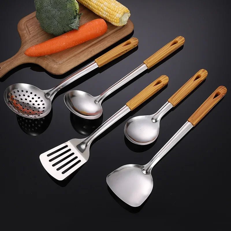Stainless Steel Cookware Non - stick Pastry Spatula Wooden Handle Soup Ladle Rice Spoon Hot Pot Colander Kitchen Cooking Utensils - Chic Cart