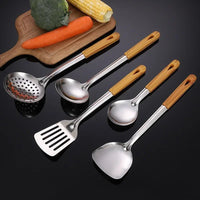 Stainless Steel Cookware Non - stick Pastry Spatula Wooden Handle Soup Ladle Rice Spoon Hot Pot Colander Kitchen Cooking Utensils - Chic Cart