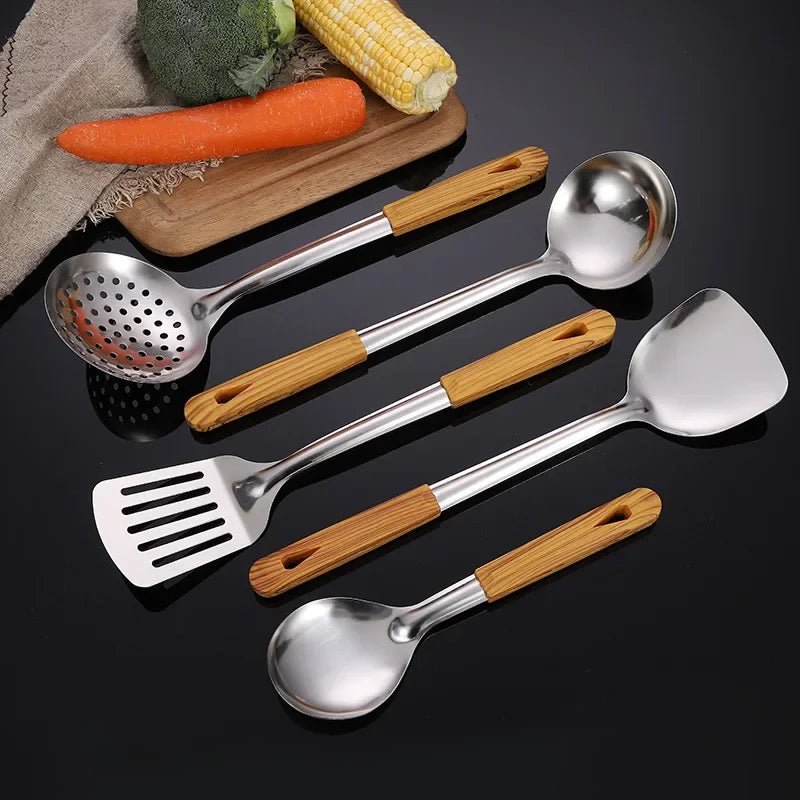 Stainless Steel Cookware Non - stick Pastry Spatula Wooden Handle Soup Ladle Rice Spoon Hot Pot Colander Kitchen Cooking Utensils - Chic Cart
