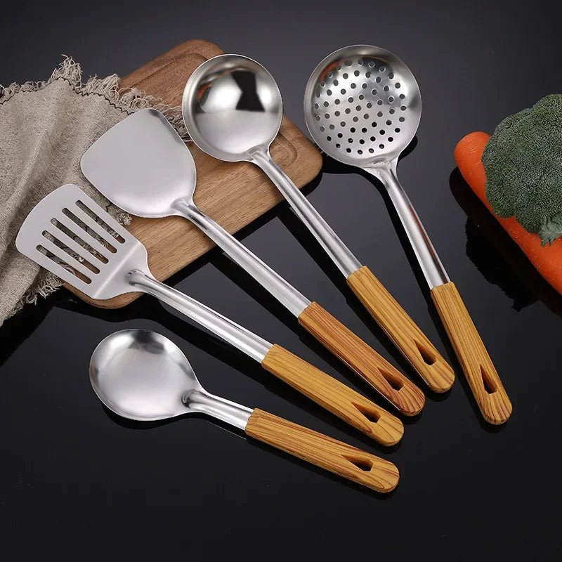 Stainless Steel Cookware Non - stick Pastry Spatula Wooden Handle Soup Ladle Rice Spoon Hot Pot Colander Kitchen Cooking Utensils - Chic Cart