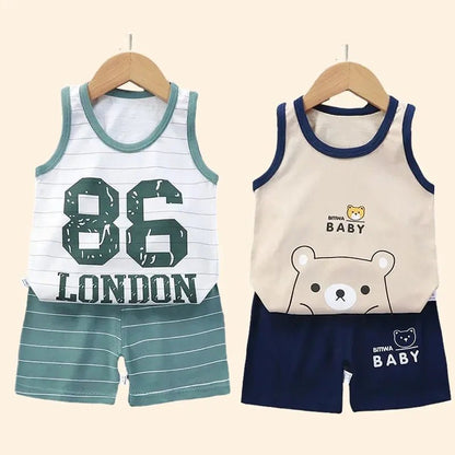 Children Sets Kids Clothes Boys Girls Vest Suit Summer Children's Clothing baby Cotton T-Shirts Shorts Tank Top Sleeveless - Chic Cart
