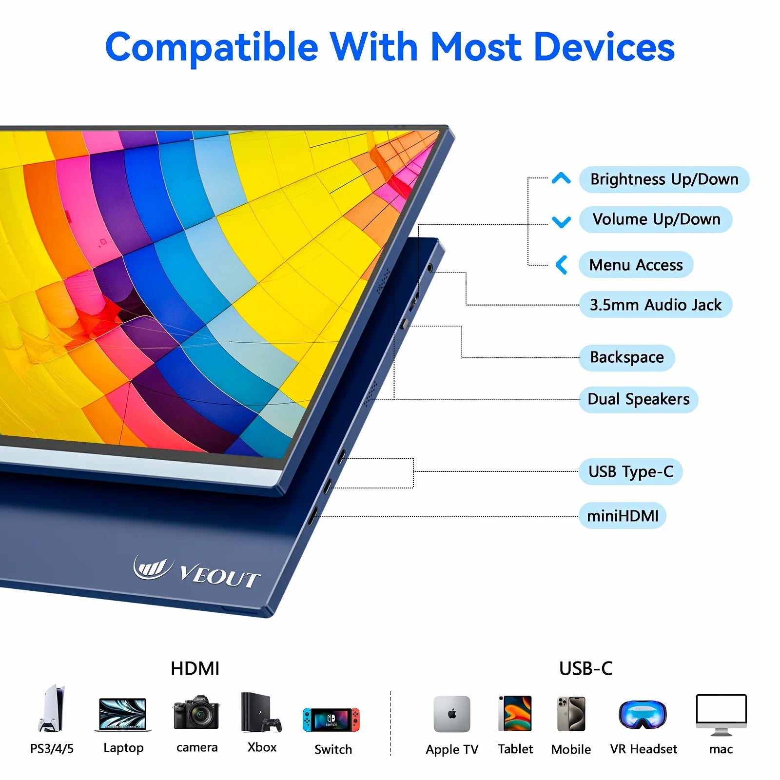 VEOUT Ultra - Portable 16inch 1920x1200 HD Monitor with Built - in Stand, HDR & Freesync, Plug - and - Play Connectivity for Smartphones - Chic Cart