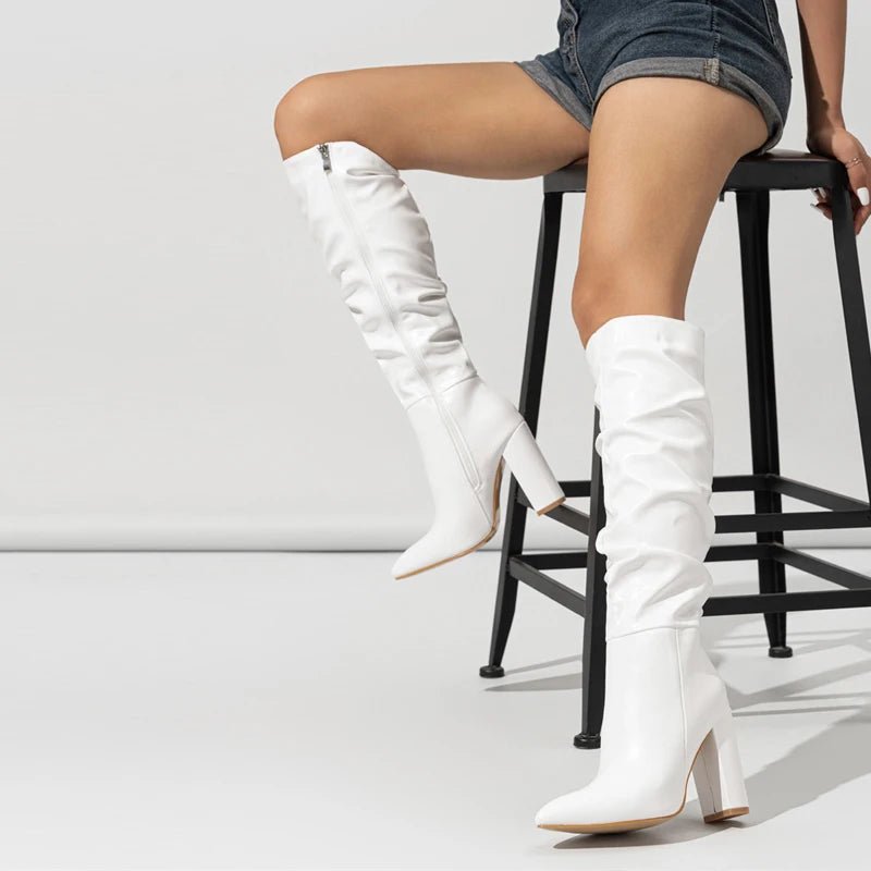 Liyke Winter Street Fashion Pleated Leather Pink Knee High Boots Women Sexy Long Zip Pointed Toe Square Heels Stripper Shoes - Chic Cart