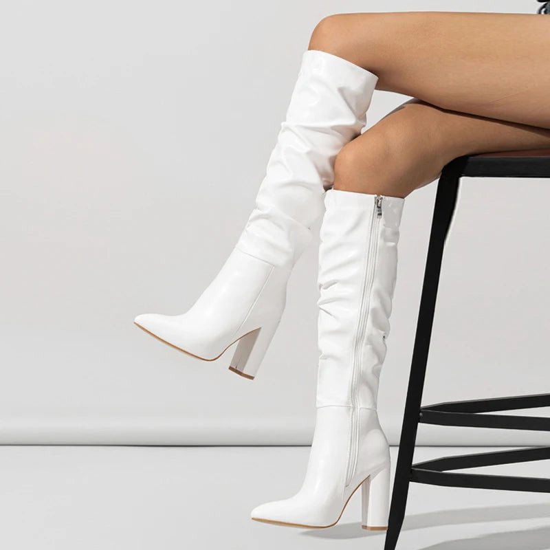 Liyke Winter Street Fashion Pleated Leather Pink Knee High Boots Women Sexy Long Zip Pointed Toe Square Heels Stripper Shoes - Chic Cart