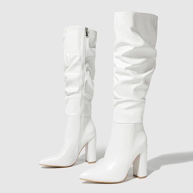 Liyke Winter Street Fashion Pleated Leather Pink Knee High Boots Women Sexy Long Zip Pointed Toe Square Heels Stripper Shoes - Chic Cart