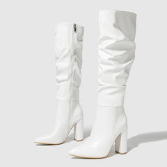 Liyke Winter Street Fashion Pleated Leather Pink Knee High Boots Women Sexy Long Zip Pointed Toe Square Heels Stripper Shoes - Chic Cart