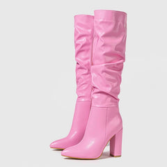 Liyke Winter Street Fashion Pleated Leather Pink Knee High Boots Women Sexy Long Zip Pointed Toe Square Heels Stripper Shoes - Chic Cart