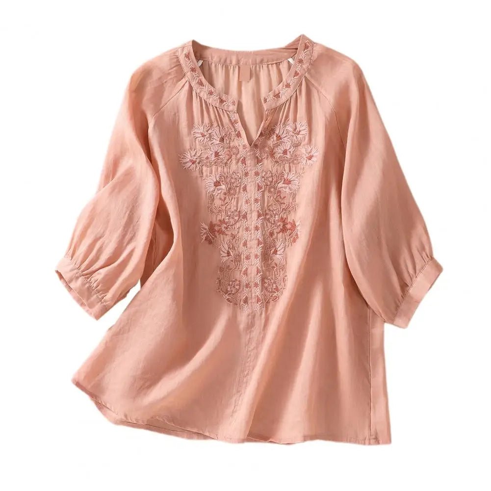 Cotton Linen Flower Embroidery Shirt Women Three Quarter Sleeves V Neck Casual Blouse Loose Solid Color Mother Blouse Women Top - Chic Cart