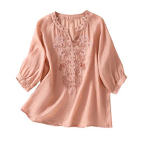 Cotton Linen Flower Embroidery Shirt Women Three Quarter Sleeves V Neck Casual Blouse Loose Solid Color Mother Blouse Women Top - Chic Cart