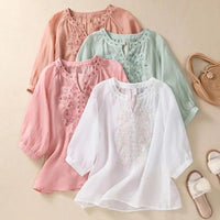 Cotton Linen Flower Embroidery Shirt Women Three Quarter Sleeves V Neck Casual Blouse Loose Solid Color Mother Blouse Women Top - Chic Cart