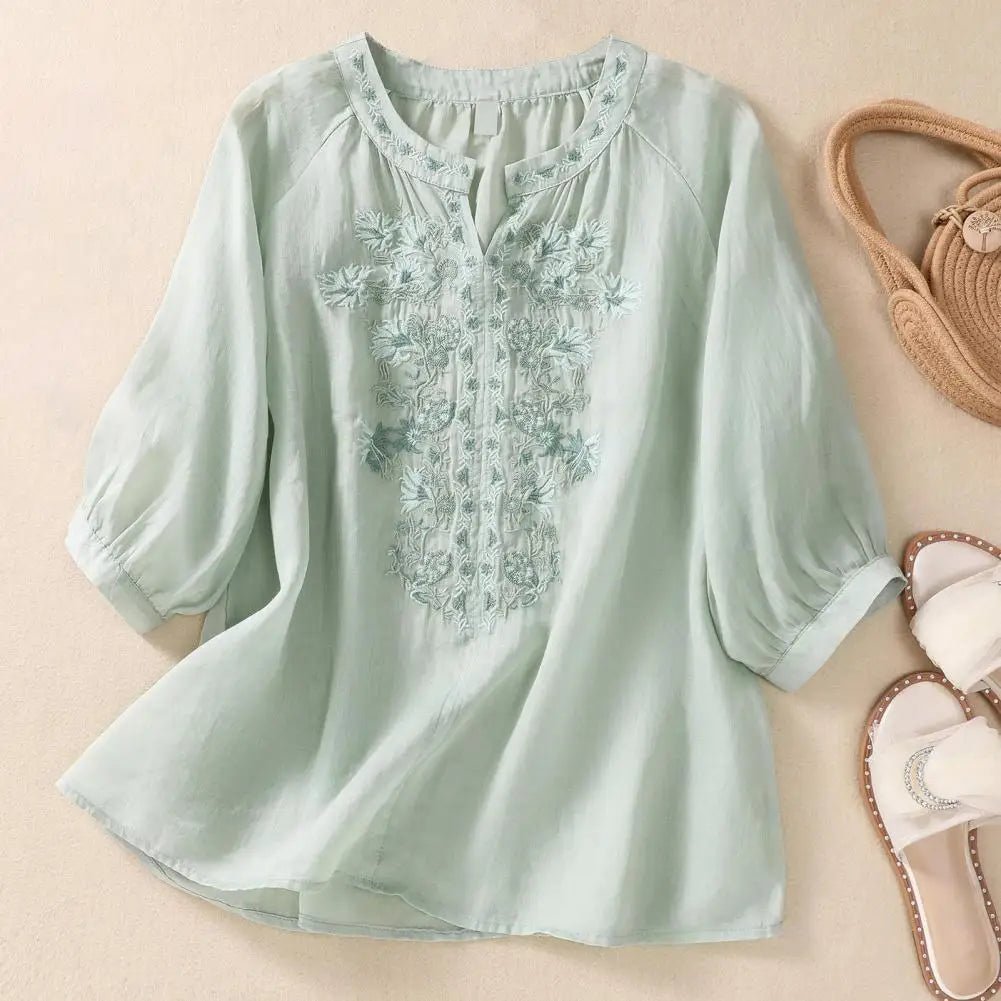 Cotton Linen Flower Embroidery Shirt Women Three Quarter Sleeves V Neck Casual Blouse Loose Solid Color Mother Blouse Women Top - Chic Cart