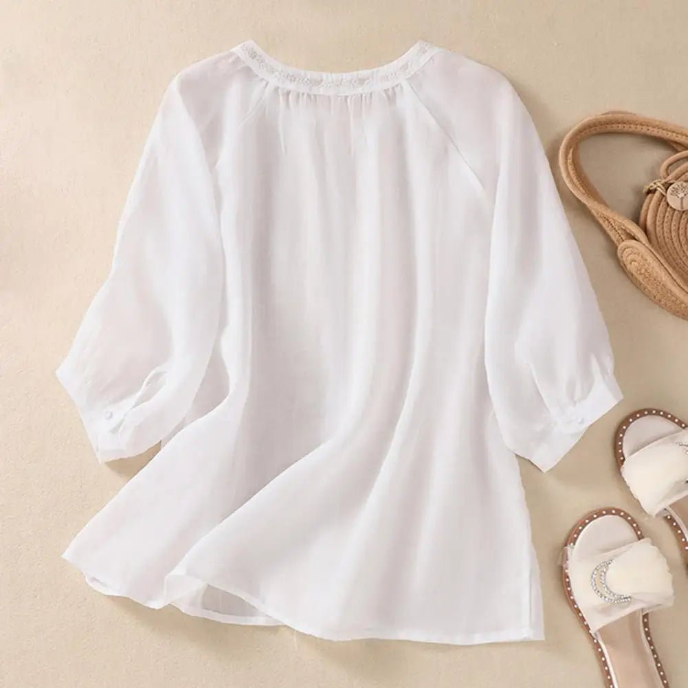 Cotton Linen Flower Embroidery Shirt Women Three Quarter Sleeves V Neck Casual Blouse Loose Solid Color Mother Blouse Women Top - Chic Cart