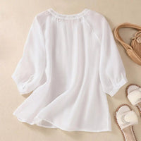 Cotton Linen Flower Embroidery Shirt Women Three Quarter Sleeves V Neck Casual Blouse Loose Solid Color Mother Blouse Women Top - Chic Cart