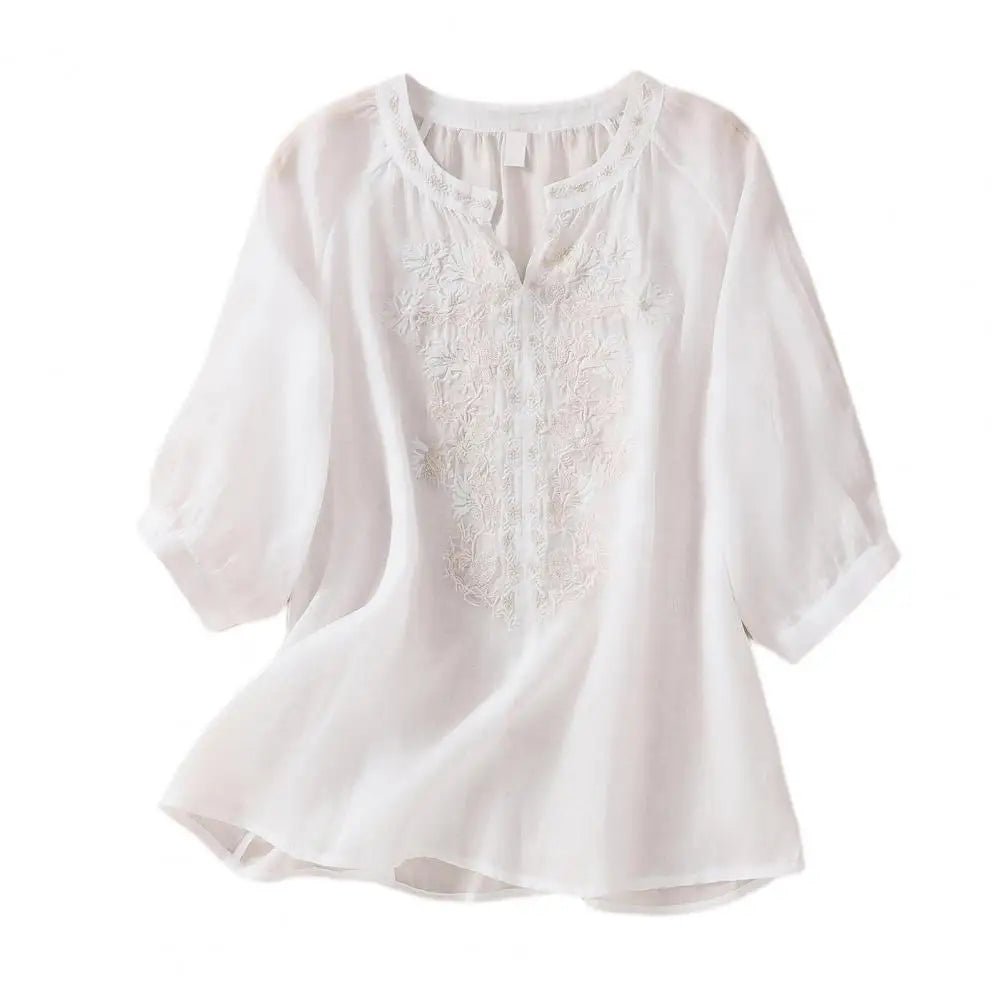 Cotton Linen Flower Embroidery Shirt Women Three Quarter Sleeves V Neck Casual Blouse Loose Solid Color Mother Blouse Women Top - Chic Cart