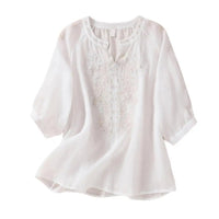 Cotton Linen Flower Embroidery Shirt Women Three Quarter Sleeves V Neck Casual Blouse Loose Solid Color Mother Blouse Women Top - Chic Cart