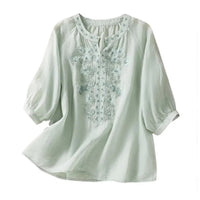 Cotton Linen Flower Embroidery Shirt Women Three Quarter Sleeves V Neck Casual Blouse Loose Solid Color Mother Blouse Women Top - Chic Cart