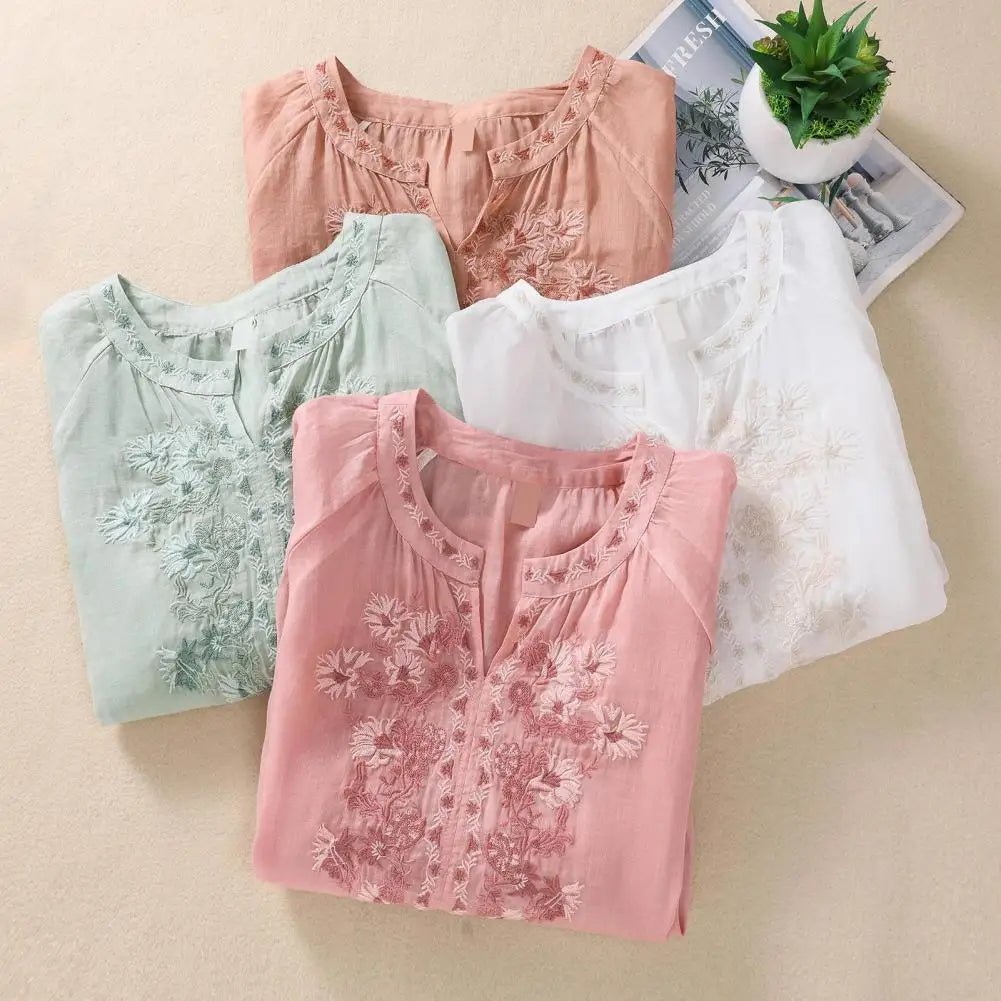 Cotton Linen Flower Embroidery Shirt Women Three Quarter Sleeves V Neck Casual Blouse Loose Solid Color Mother Blouse Women Top - Chic Cart