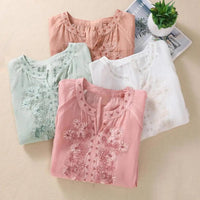 Cotton Linen Flower Embroidery Shirt Women Three Quarter Sleeves V Neck Casual Blouse Loose Solid Color Mother Blouse Women Top - Chic Cart