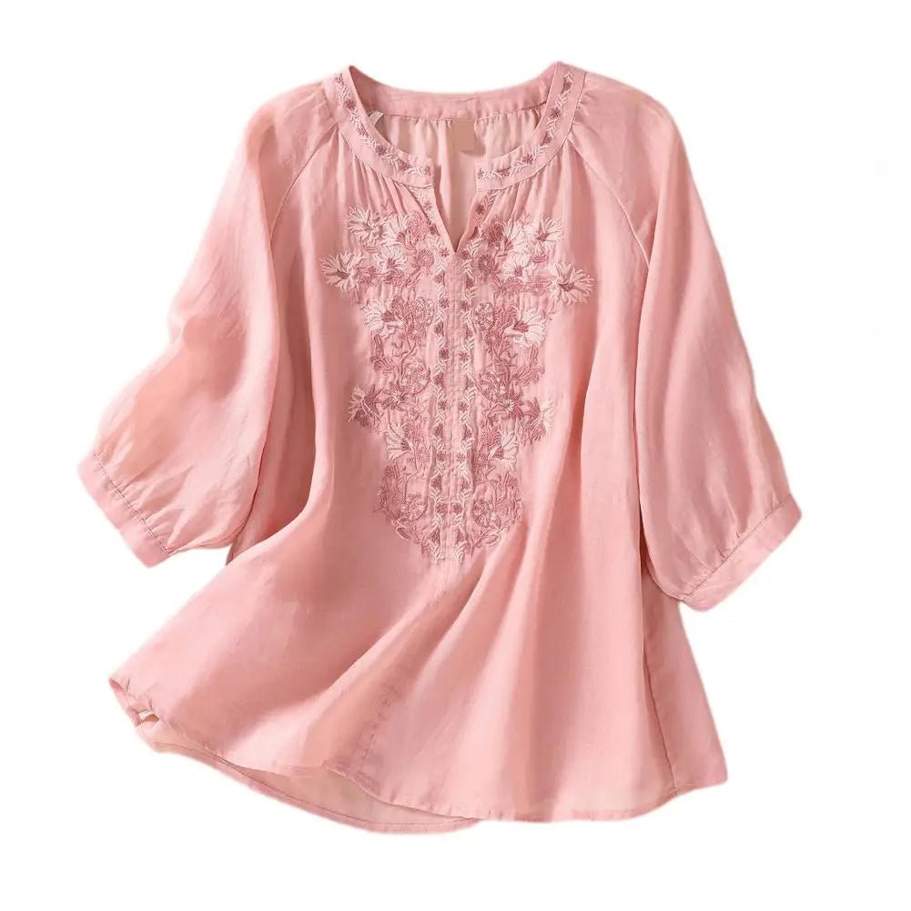 Cotton Linen Flower Embroidery Shirt Women Three Quarter Sleeves V Neck Casual Blouse Loose Solid Color Mother Blouse Women Top - Chic Cart