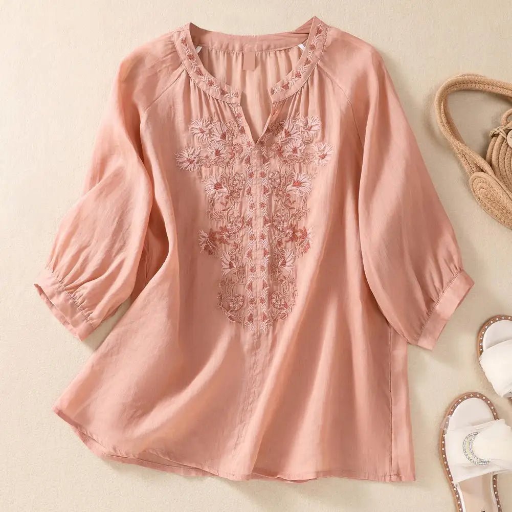 Cotton Linen Flower Embroidery Shirt Women Three Quarter Sleeves V Neck Casual Blouse Loose Solid Color Mother Blouse Women Top - Chic Cart
