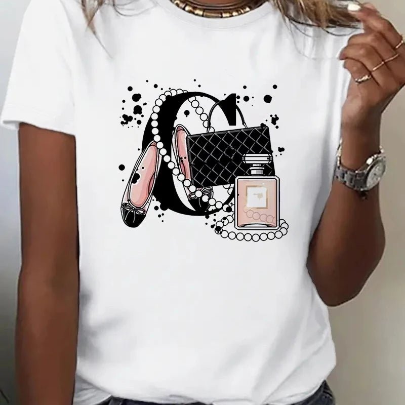 Women's T Shirt Summer Fashion Girl Bag Printed Ladies T-shirt Casual Short Sleeve Female Clothing Top Tee White T-shirt - Chic Cart