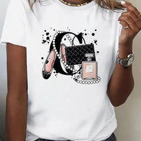 Women's T Shirt Summer Fashion Girl Bag Printed Ladies T-shirt Casual Short Sleeve Female Clothing Top Tee White T-shirt - Chic Cart