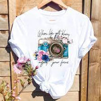 Women's T Shirt Summer Fashion Girl Bag Printed Ladies T-shirt Casual Short Sleeve Female Clothing Top Tee White T-shirt