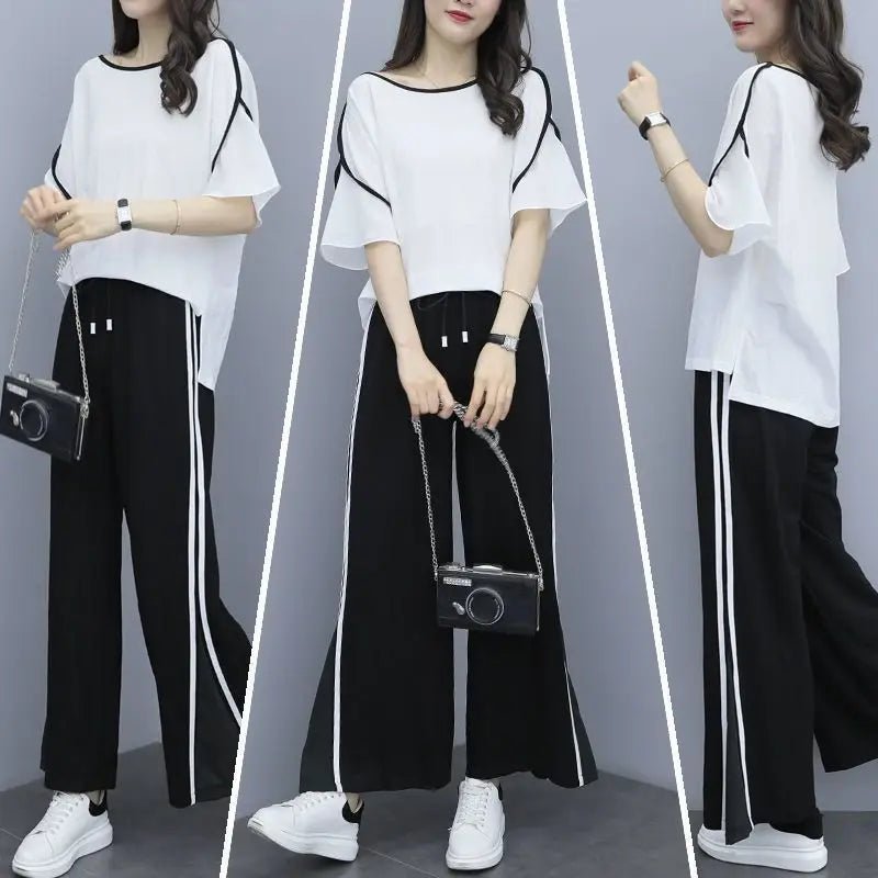 2024 New Women's Wear Spring And Summer Two Piece Set Loose Crop Top Wide Leg Pants Fashion Casual Suit Women Plus Size Clothing - Chic Cart