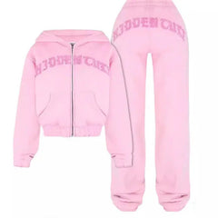 Ins Letter Sports Suit Zip - up Hooded Cropped Sweatshirt Top And Loose Drawstring Trousers Fashion Womens Clothing - Chic Cart