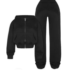 Ins Letter Sports Suit Zip - up Hooded Cropped Sweatshirt Top And Loose Drawstring Trousers Fashion Womens Clothing - Chic Cart