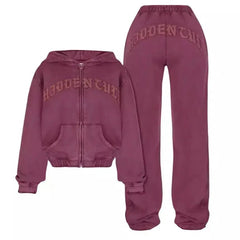 Ins Letter Sports Suit Zip - up Hooded Cropped Sweatshirt Top And Loose Drawstring Trousers Fashion Womens Clothing - Chic Cart