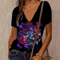 Women's 3D Floral Skull Print T-Shirt V Neck Short Sleeve Cool Street T-Shirt Oversized Clothes Casual Tops Summer 2024 - Chic Cart