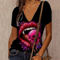 Women's 3D Floral Skull Print T-Shirt V Neck Short Sleeve Cool Street T-Shirt Oversized Clothes Casual Tops Summer 2024 - Chic Cart