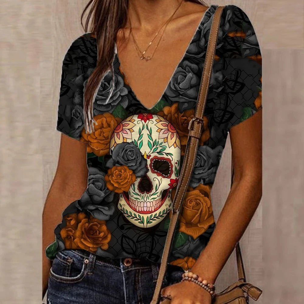 Women's 3D Floral Skull Print T-Shirt V Neck Short Sleeve Cool Street T-Shirt Oversized Clothes Casual Tops Summer 2024 - Chic Cart