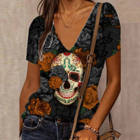 Women's 3D Floral Skull Print T-Shirt V Neck Short Sleeve Cool Street T-Shirt Oversized Clothes Casual Tops Summer 2024 - Chic Cart