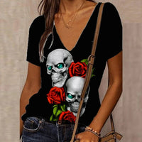 Women's 3D Floral Skull Print T-Shirt V Neck Short Sleeve Cool Street T-Shirt Oversized Clothes Casual Tops Summer 2024 - Chic Cart