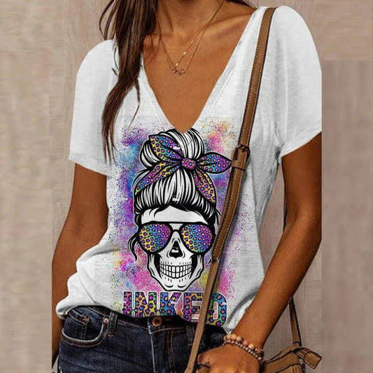 Women's 3D Floral Skull Print T-Shirt V Neck Short Sleeve Cool Street T-Shirt Oversized Clothes Casual Tops Summer 2024 - Chic Cart