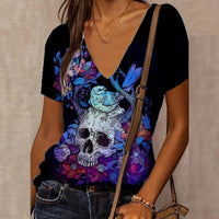 Women's 3D Floral Skull Print T-Shirt V Neck Short Sleeve Cool Street T-Shirt Oversized Clothes Casual Tops Summer 2024 - Chic Cart