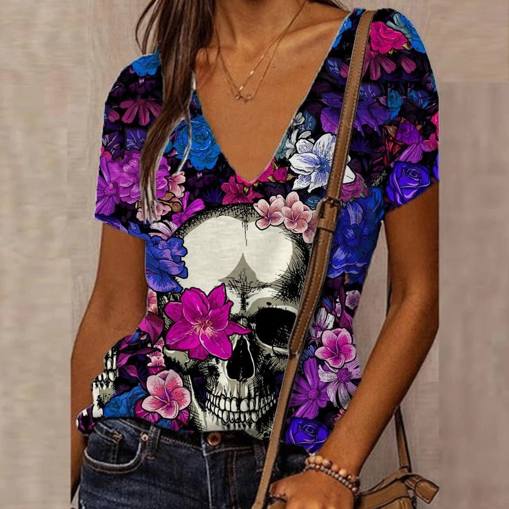 Women's 3D Floral Skull Print T-Shirt V Neck Short Sleeve Cool Street T-Shirt Oversized Clothes Casual Tops Summer 2024 - Chic Cart