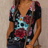 Women's 3D Floral Skull Print T-Shirt V Neck Short Sleeve Cool Street T-Shirt Oversized Clothes Casual Tops Summer 2024 - Chic Cart