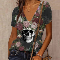 Women's 3D Floral Skull Print T-Shirt V Neck Short Sleeve Cool Street T-Shirt Oversized Clothes Casual Tops Summer 2024 - Chic Cart