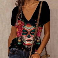 Women's 3D Floral Skull Print T-Shirt V Neck Short Sleeve Cool Street T-Shirt Oversized Clothes Casual Tops Summer 2024 - Chic Cart